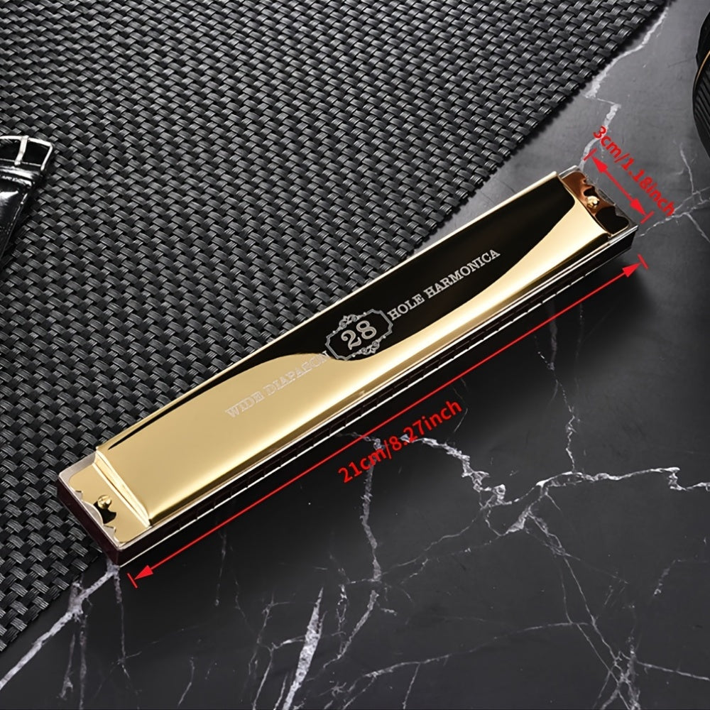 FG Professional 28 Hole Blues Harmonica | Dual Row Metal Brass Reed, Polished Blue/Black Surface with Case | Durable Construction, Stylish Design for Musicians