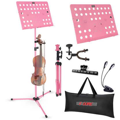 5 Core Music Stand Height Adjustable Desktop Book Stands Portable Sheet Holder All Metal Bookstand Foldable Atril Para Partituras w Carrying Bag Light & Clip Pink - MUS FLD HD ACC PNK