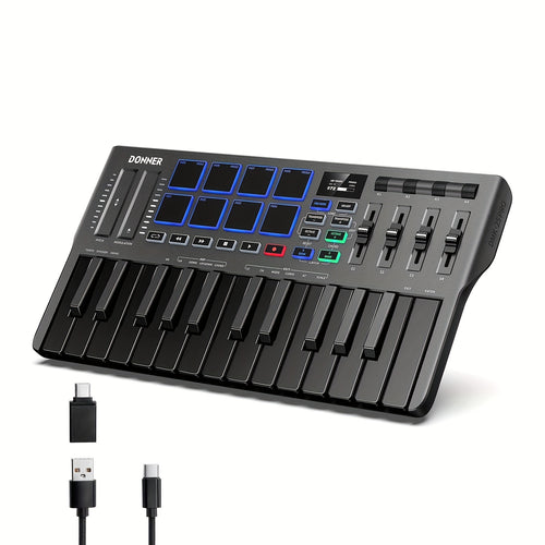 Donner DMK25 Pro MIDI Keyboard Controller, 25 Mini Key Portable USB-C MIDI Keyboard with 8 Drum Pads, OLED Display,  Touch Bar, Music Production Software and 40 Free Courses