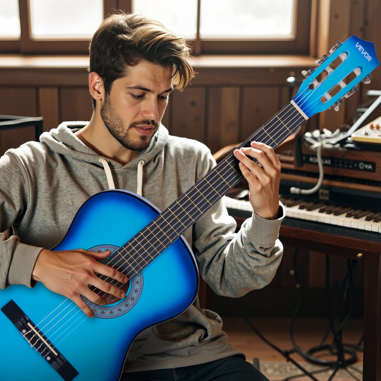 VEVOR Classical Guitar 38 in Guitar Beginner Starter Kit Nylon Strings Black/Natural Color/Blue/Pink/Sunrise Color