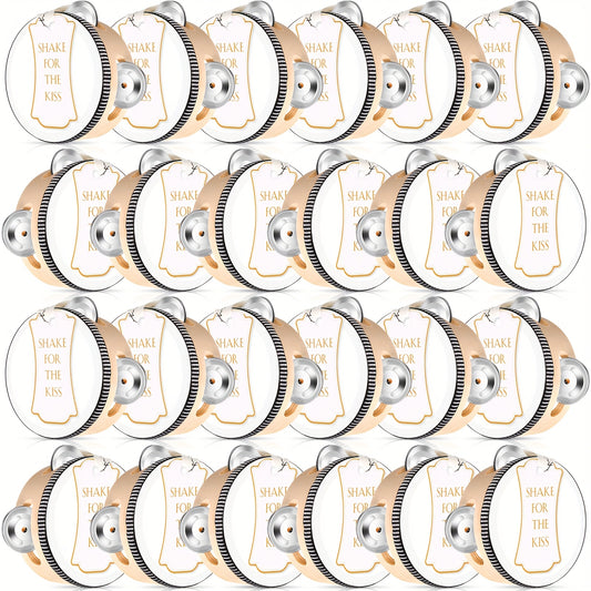 24 Set 4 Inch Tambourine For Adults Wooden Hand Held Drum With Metal Jingles, Gift Tags, White I Love You Printed Ribbon Percussion Gift Musical Instrument For Church Wedding Party Favor