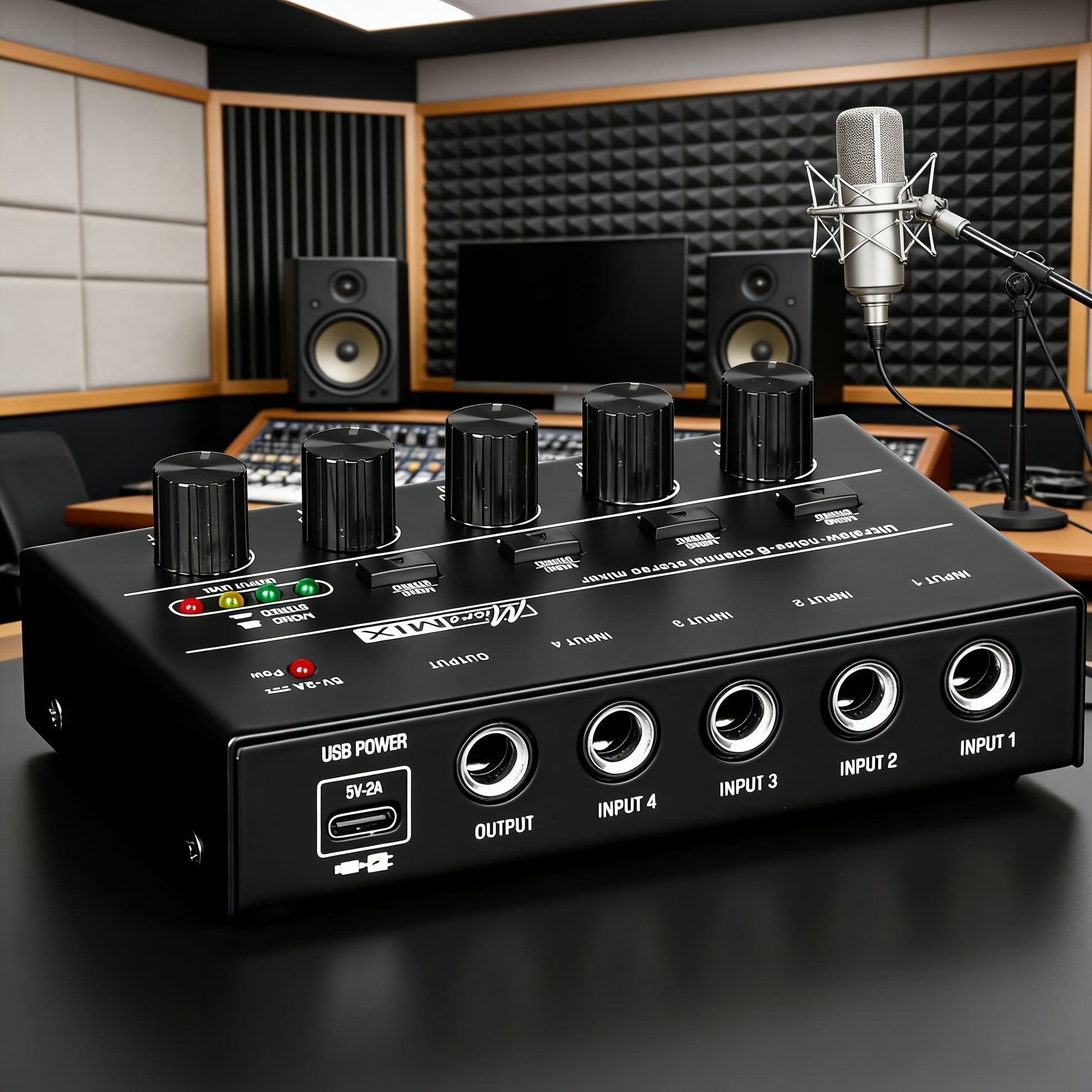 Compact 4/6/8-Channel Stereo Audio Mixer with USB-C Power and Level Controls shown in the 4-channel mixer option