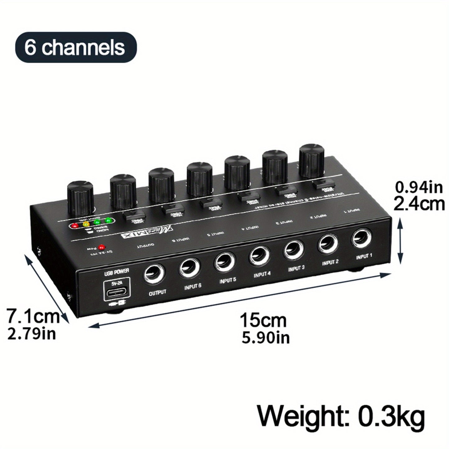 Compact 4/6/8-Channel Stereo Audio Mixer with USB-C Power and Level Controls shown in the 6-Channel option
