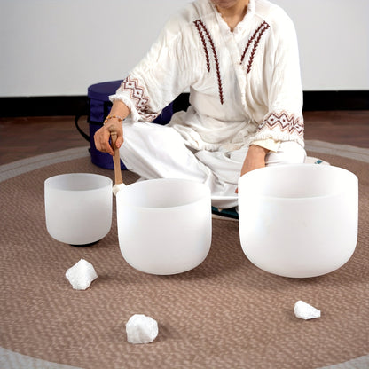 7-11Inch Quartz Crystal Singing Bowls Set of 3 Pure White for Mindfulness Meditation Yoga Sound Bowls with Case And Mallet