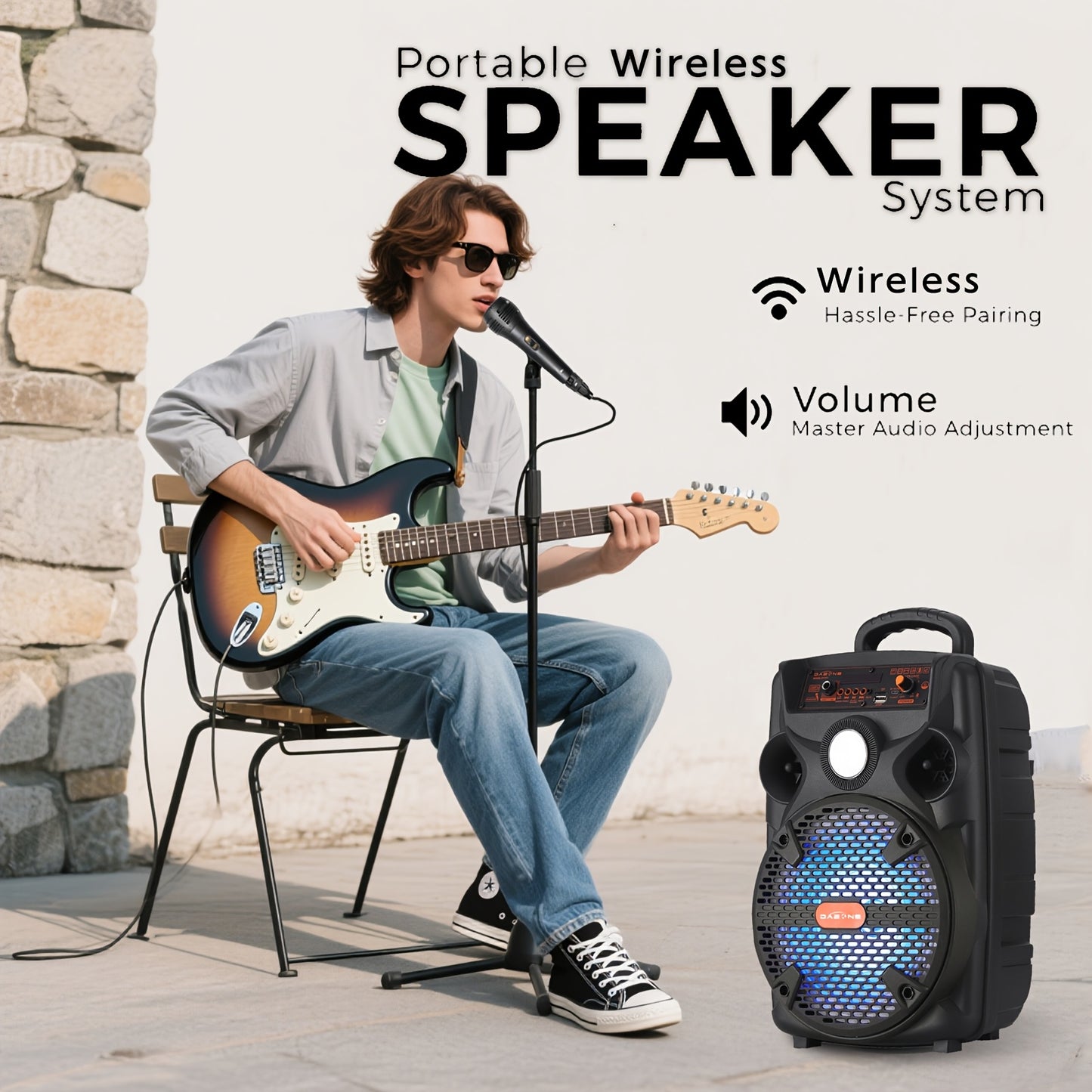 [Portable, BT/TF/TWS/USB/AUX] 1000W Rechargeable Outdoor Wireless Speaker Portable PA System W/ 8" Subwoofer, LED Lights, BT/TF/TWS/USB/AUX, Includes Microphone And Stand, Perfect for Party, Camping, Beach