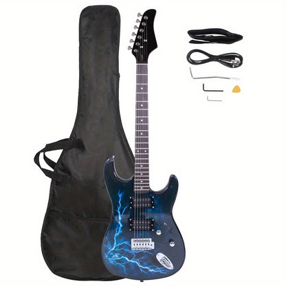 Black & Dark Blue Lightning Style Electric Guitar - Ideal for Beginners and Enthusiasts - Includes Power Cord, Strap, Bag, Plectrums & Tremolo Arm