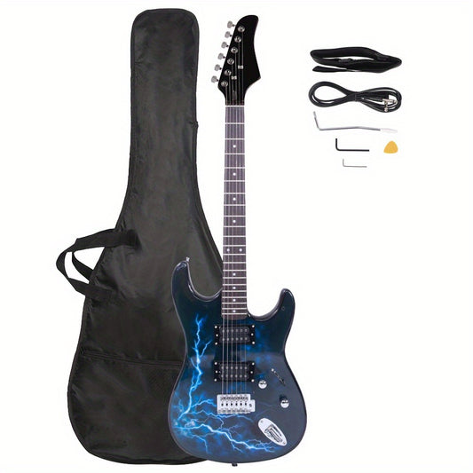 Black & Dark Blue Lightning Style Electric Guitar - Ideal for Beginners and Enthusiasts - Includes Power Cord, Strap, Bag, Plectrums & Tremolo Arm