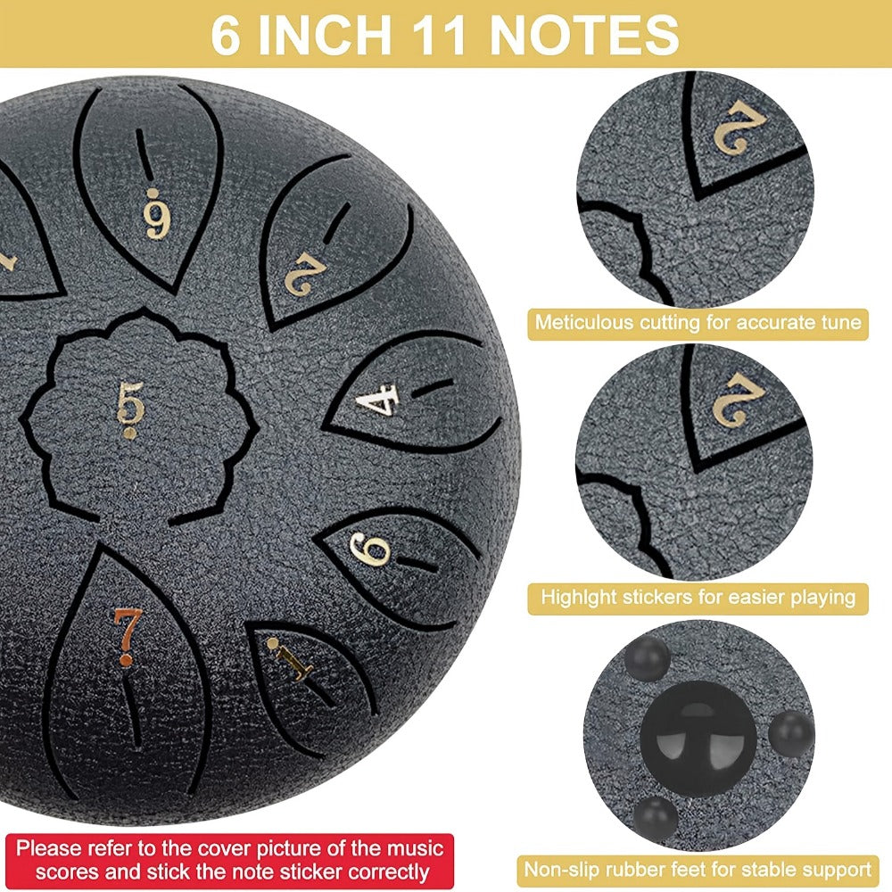 Steel Tongue Drum, 6-Inch 11-Note Set with Drumstick, Bag and Music Book