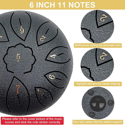 Steel Tongue Drum, 6-Inch 11-Note Set with Drumstick, Bag and Music Book