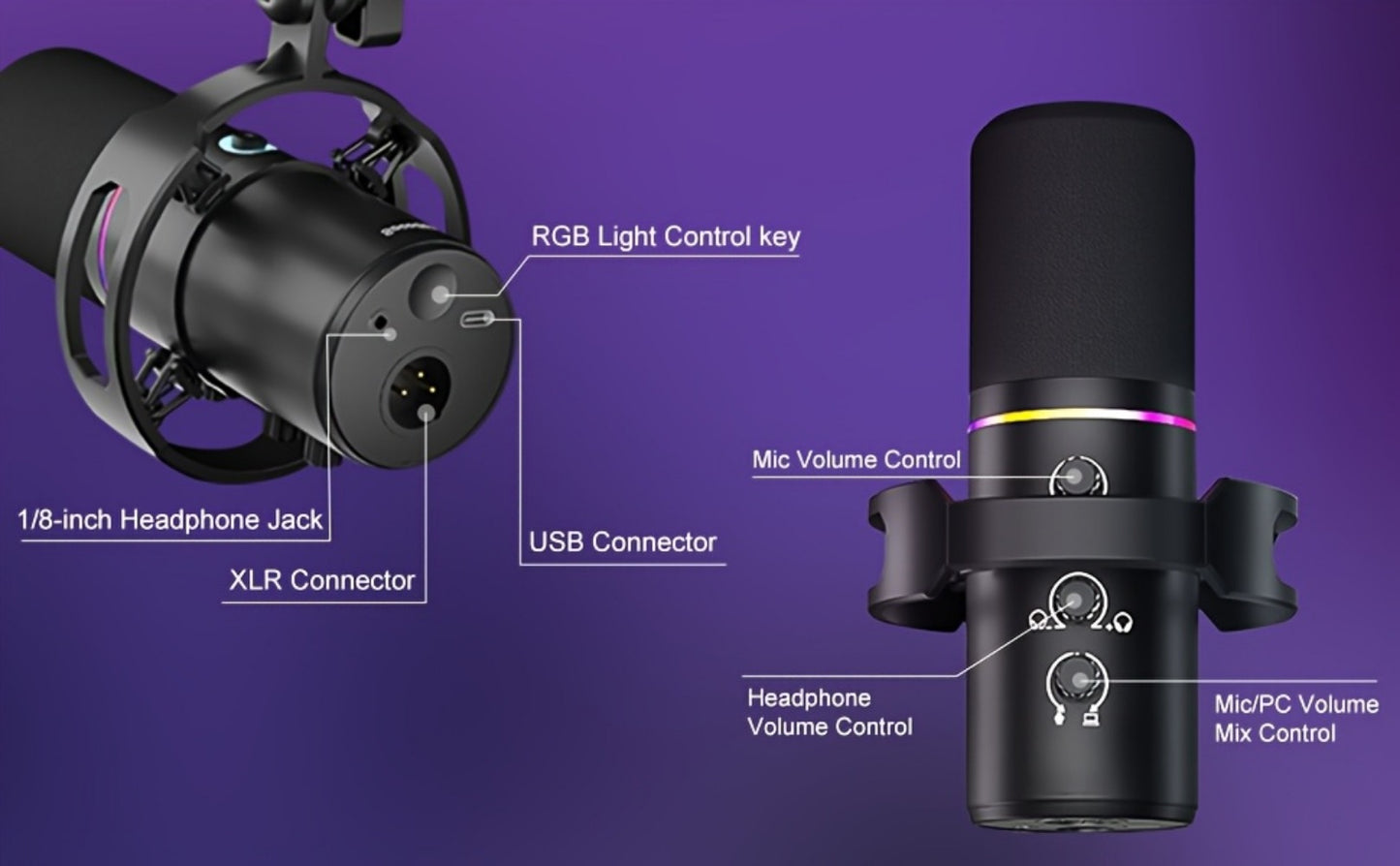 XLR and USB Dynamic Microphone Kit with Noise Control and Boom Arm