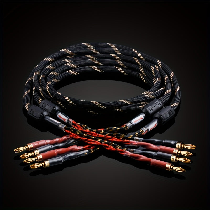 YYAUDlO Premium HlFi Speaker Cables - 1 Pair, High-End OCC Composite Cables for Hi-Fi Systems & Banana Plug Speakers, Black with Red/White Stripes, Male to Male Connector, Imported U. S. Hifi Speaker Cable, Sound System Wiring, Home Audio Setup, Sleek Des