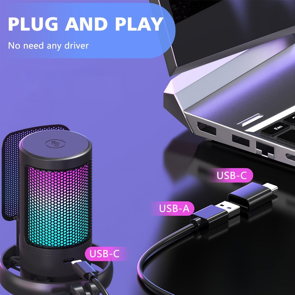 Recording Microphone, USB, RGB, USB-C, Computers, Ideal for Recording and Streaming