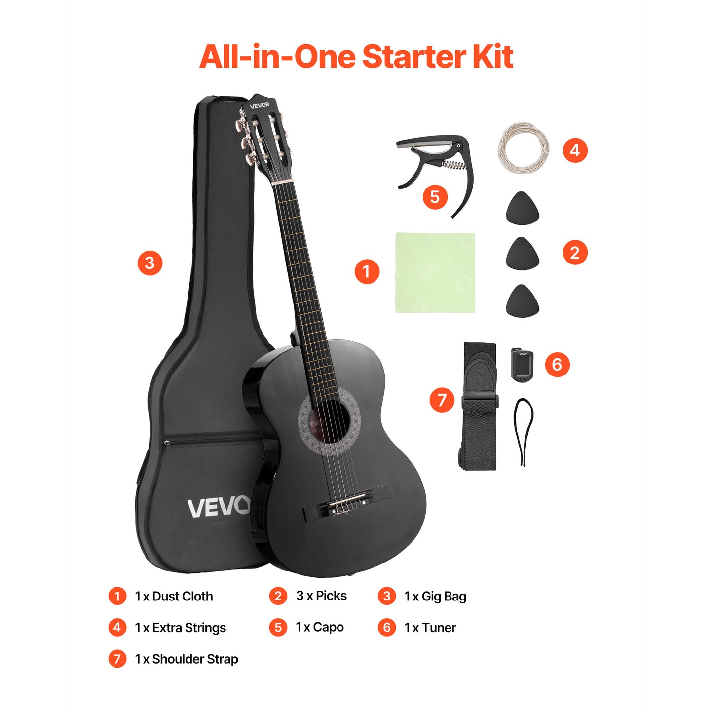 VEVOR Classical Guitar 38 in Guitar Beginner Starter Kit Nylon Strings Black/Natural Color/Blue/Pink/Sunrise Color