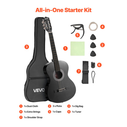 VEVOR Classical Guitar 38 in Guitar Beginner Starter Kit Nylon Strings Black/Natural Color/Blue/Pink/Sunrise Color