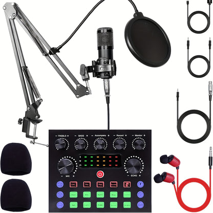 Podcast Equipment Bundle, Live Sound Card with Dj Mixer Effects & Voice Changer, F998 Live Sound Card Audio Mixer with Studio Condenser Microphone, Perfect for Live Streaming, Podcasting, Gaming & DJ.