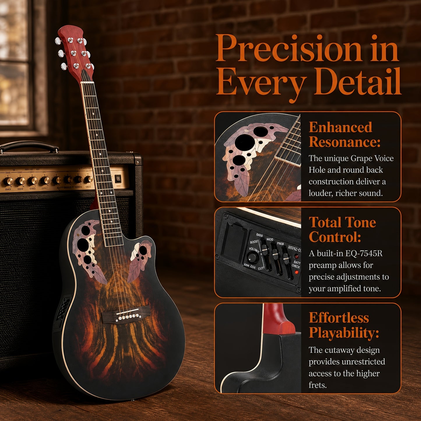 [Electric Acoustic Guitar] 41-Inch Full-Size Cutaway Electric Acoustic Guitar Grape Soundhole Spruce Top Round Back