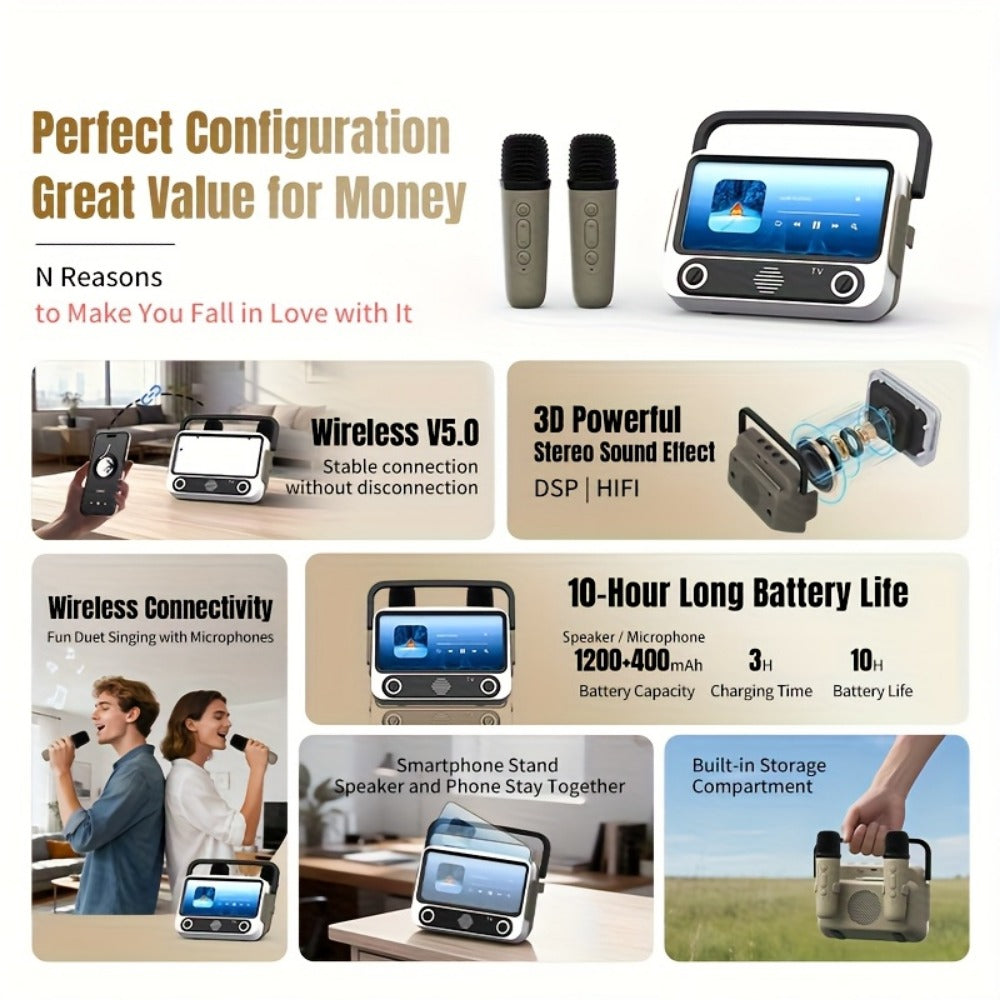 Portable PA Speaker, White, Wireless, USB-C, Karaoke, Machine for Parties and Karaoke