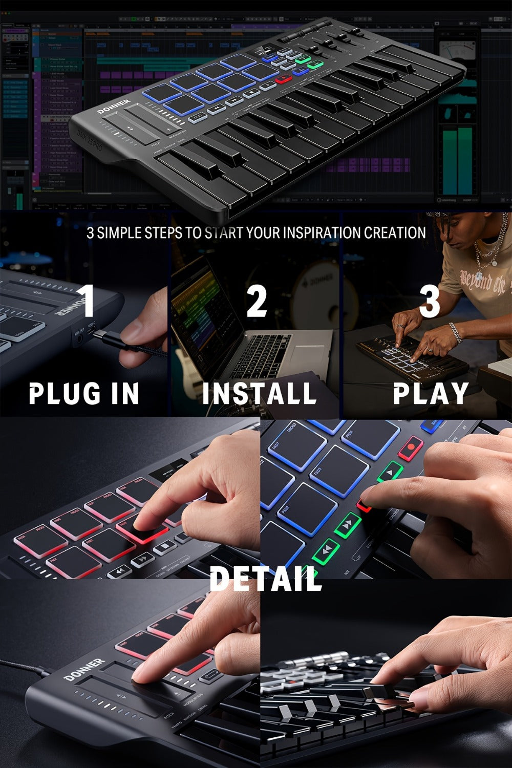 MIDI Keyboard Controller, USB-C, USB, Donner, DMK25, Pro for Music Production
