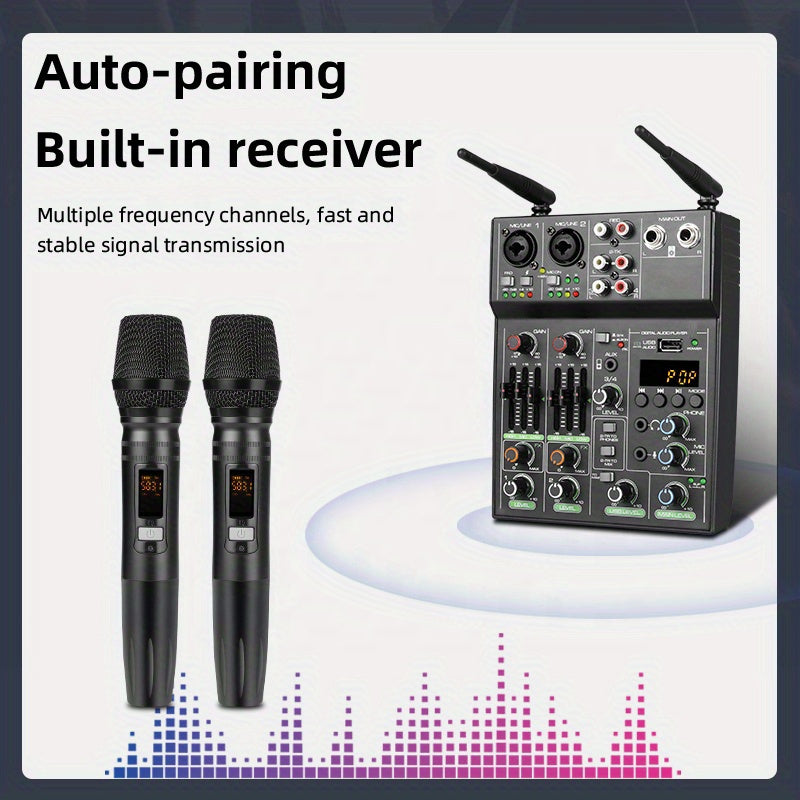 High-Quality 4-Channel Mixer with UHF Wireless Microphone System - Perfect for Music Performance and Karaoke, 48 Phantom Power, Wireless Phone Connectivity for an Exceptional Music Experience