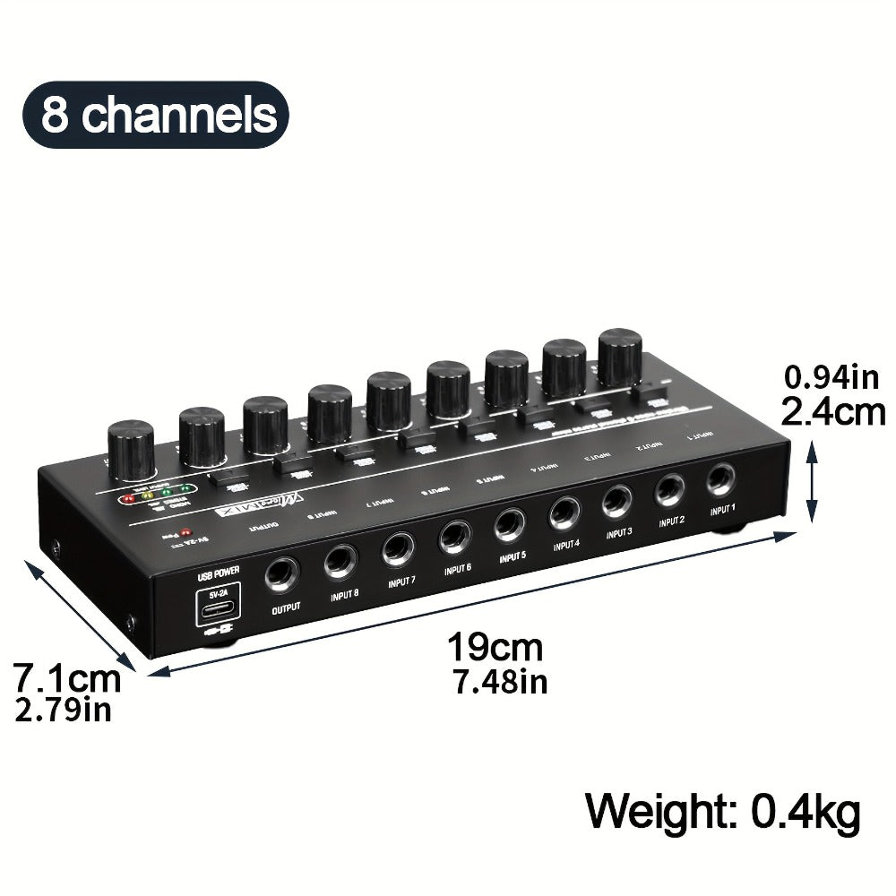 Compact 4/6/8-Channel Stereo Audio Mixer with USB-C Power and Level Controls