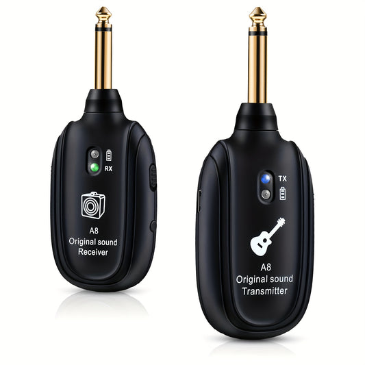 A8 Wireless Guitar System Built-In Rechargeable Transmitter And Receiver, Stereo Audio, Hand Control, USB Charging for Electric Guitar, Bass, Violin - Compatible with Amplifiers, Wireless Guitar Transmitter