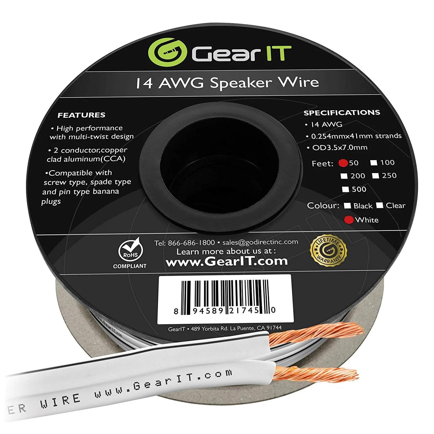 GEARit 14 Gauge Speaker Wire CCA - Copper Clad Aluminum - Home Theater, Car Speakers & More