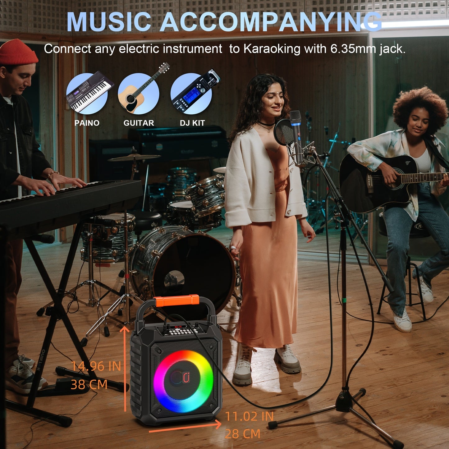 Portable Karaoke Speaker with Two Microphones And DJ Lights, Perfect for Home Parties And Gatherings. This Wireless PA System Supports USB, AUX Input, And Recording
