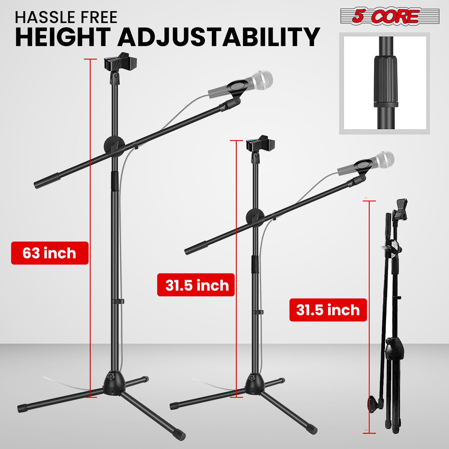5 Core Microphone Stand Floor 2 Mic Clips Universal Height Adjustable 63" Dual Tripod Mic Stands w Telescoping Boom Arm Foldable Portable