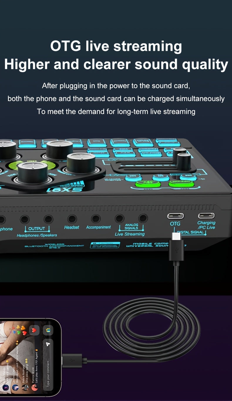 Professional Audio Mixer Console with RGB Backlit, USB Charging, 48V Phantom Power, XLR Mic Interface, Volume Faders, One-Key Mute, for Podcasting, Recording, Vocals, Gaming Voice - Black
