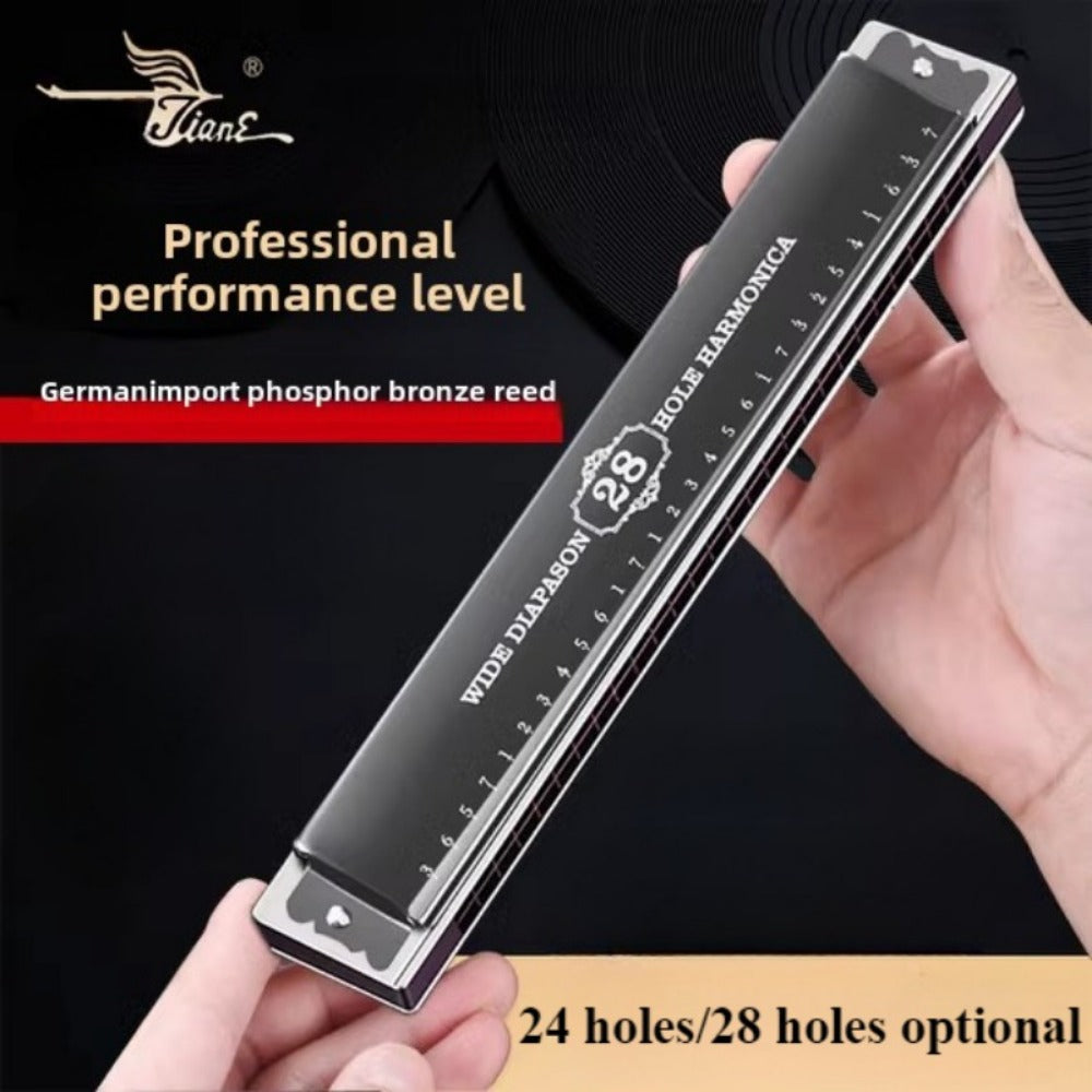 Blues Harmonica, 28-Hole, Professional, Black/ for Blues Practice
