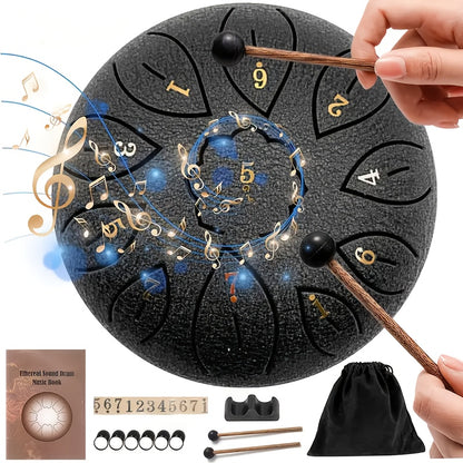 Steel Tongue Drum with 11 Notes And A Diameter Of 6. Portable Rain Drum with Drumstick, Handbag, Music Book, Yoga Meditation Tongue Drum, Prenatal Music Education