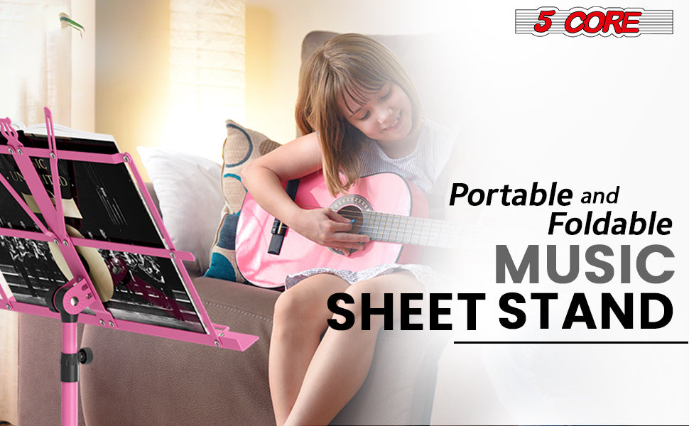 5 Core Music Stand Height Adjustable Desktop Book Stands Portable Sheet Holder All Metal Bookstand Foldable Atril Para Partituras w Carrying Bag & Clip Pink - MUS FLD PNK