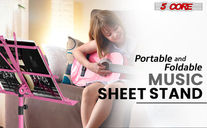 5 Core Music Stand Height Adjustable Desktop Book Stands Portable Sheet Holder All Metal Bookstand Foldable Atril Para Partituras w Carrying Bag & Clip Pink - MUS FLD PNK