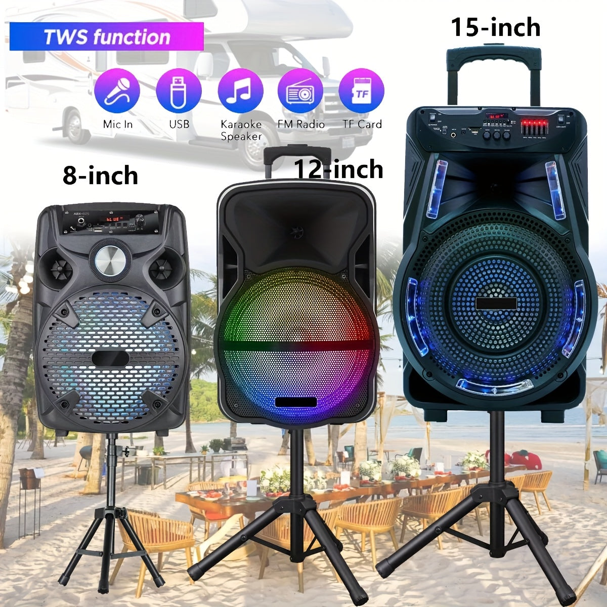 Portable Wireless Bluetooth Speaker, Heavy Bass PA Sound System Stereo, 8" 12" 15" Subwoofer with Stand, TWS FM AUX LED DJ Lights, Microphone Tripod Handle, Rechargeable for RV Car Truck Karaoke Machine