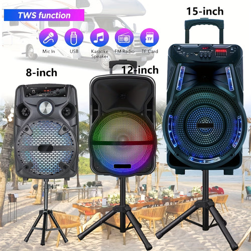 Portable Wireless Bluetooth Speaker, Heavy Bass PA Sound System Stereo, 8" 12" 15" Subwoofer with Stand, TWS FM AUX LED DJ Lights, Microphone Tripod Handle, Rechargeable for RV Car Truck Karaoke Machine
