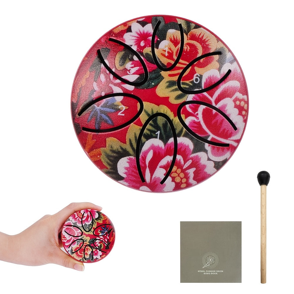 Mini Portable Steel Tongue Drum, 3 Inches with 6 Tones - a Beginner-Friendly Handheld Percussion Instrument Made of Carbon Steel, Includes Drumsticks And Sheet Music, Perfect Musical Gift for Celebrations Like Carnivals, Weddings, Christmas