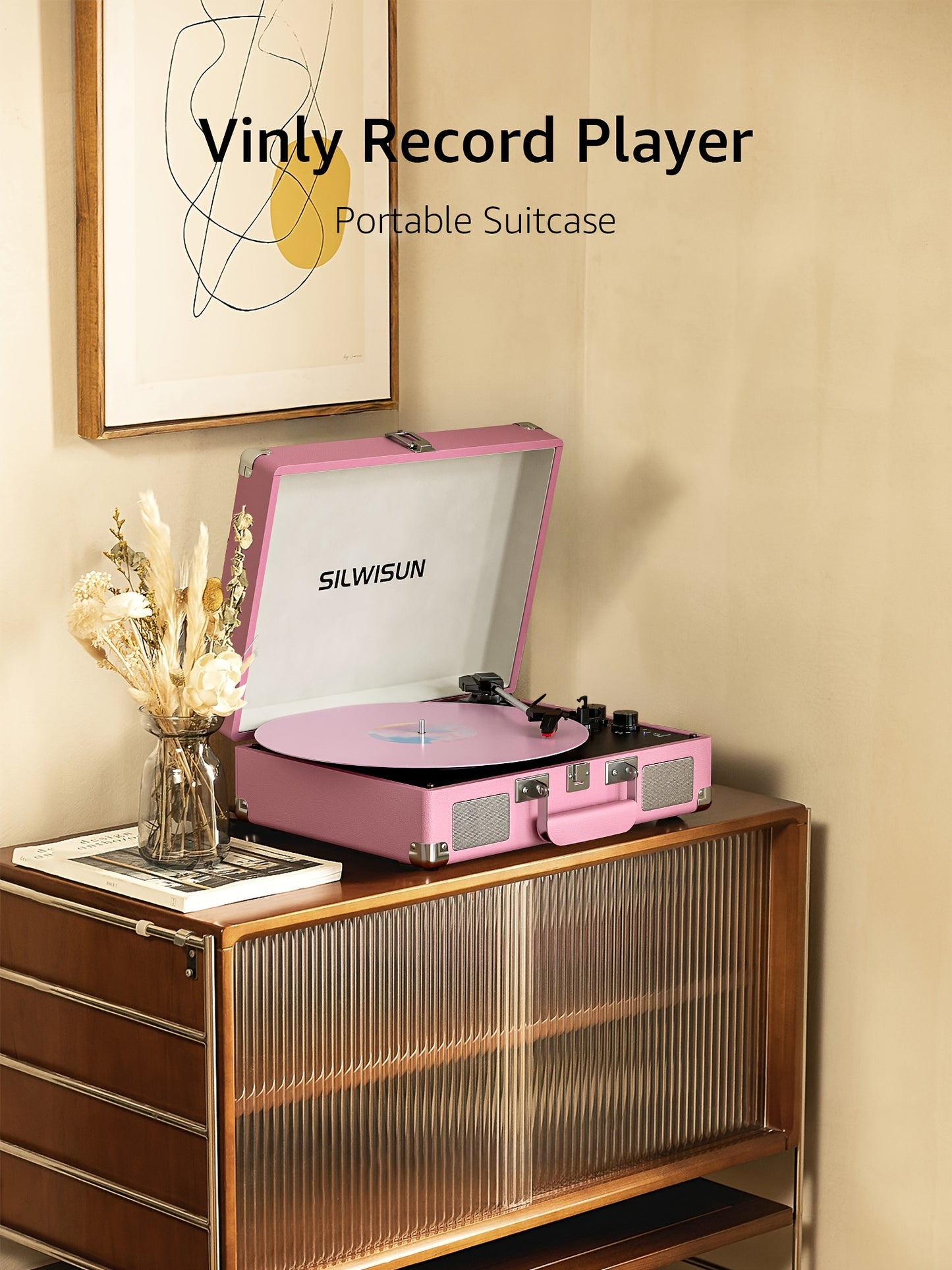 Vinyl Record Player Built in Battery 3 Speed Turntable with Wireless, Portable Suitcase, Built in Speakers, 3.5Mm Headphone Jack Aux In/Rca Out for Home Decoration Gift Pink Green Brown Black