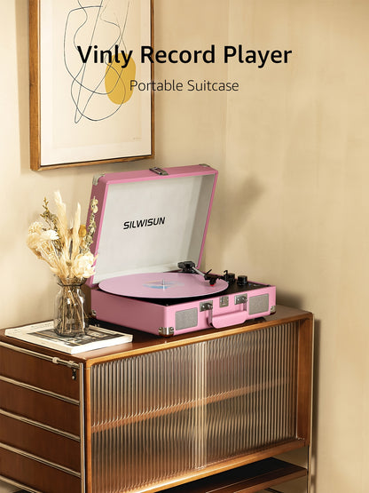 Vinyl Record Player Built in Battery 3 Speed Turntable with Wireless, Portable Suitcase, Built in Speakers, 3.5Mm Headphone Jack Aux In/Rca Out for Home Decoration Gift Pink Green Brown Black