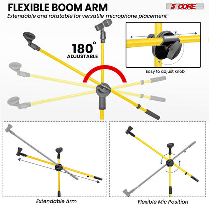 5 Core Microphone Stand Floor 2 Mic Clips Universal Height Adjustable 63" Dual Tripod Mic Stands w Telescoping Boom Arm Foldable Portable