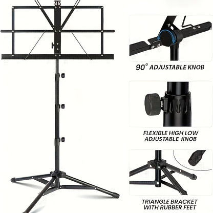 2-in-1 Portable Folding Music Stand & Desktop Book Holder - Dual-Use Sheet Music Stand with Clip Holder & Carrying Bag Suitable for Musicians, Teachers, Students, for,, Concerts, Travel - Lightweight Compact for Sheet Music