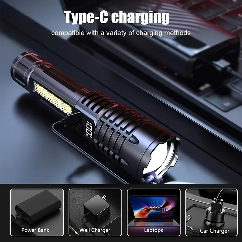 2/1 Pack Rechargeable Flashlights High Lumens, Super Bright Flash Light, 5 Modes Zoomable Linternas With LCD Digital Display, Powerful Handheld LED Flashlights For Emergencies Camping, Fishing, Hiking, Made Of ABS Material, Bright Outdoor Lamp