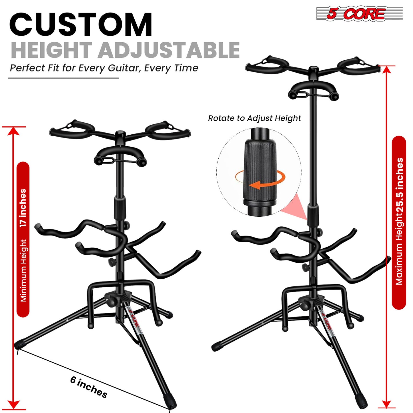 5 Core Guitar Stand Adjustable Triple Guitars Stands Floor w Neck Holder Universal Supports for Acoustic Electric Classic Bass Instrument Folding Portable Black - GSH 3N1