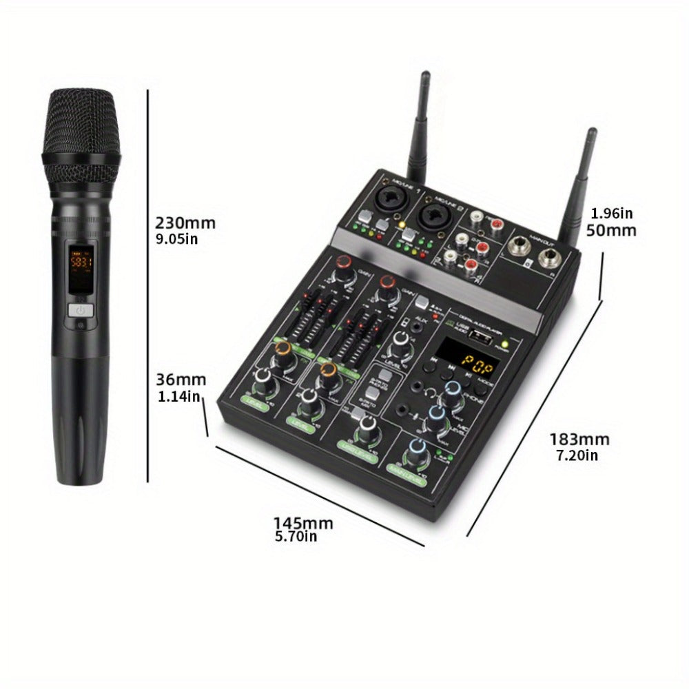 Audio Mixer, Wireless, USB, High-Quality, 4-Channel, UHF for Live Sound