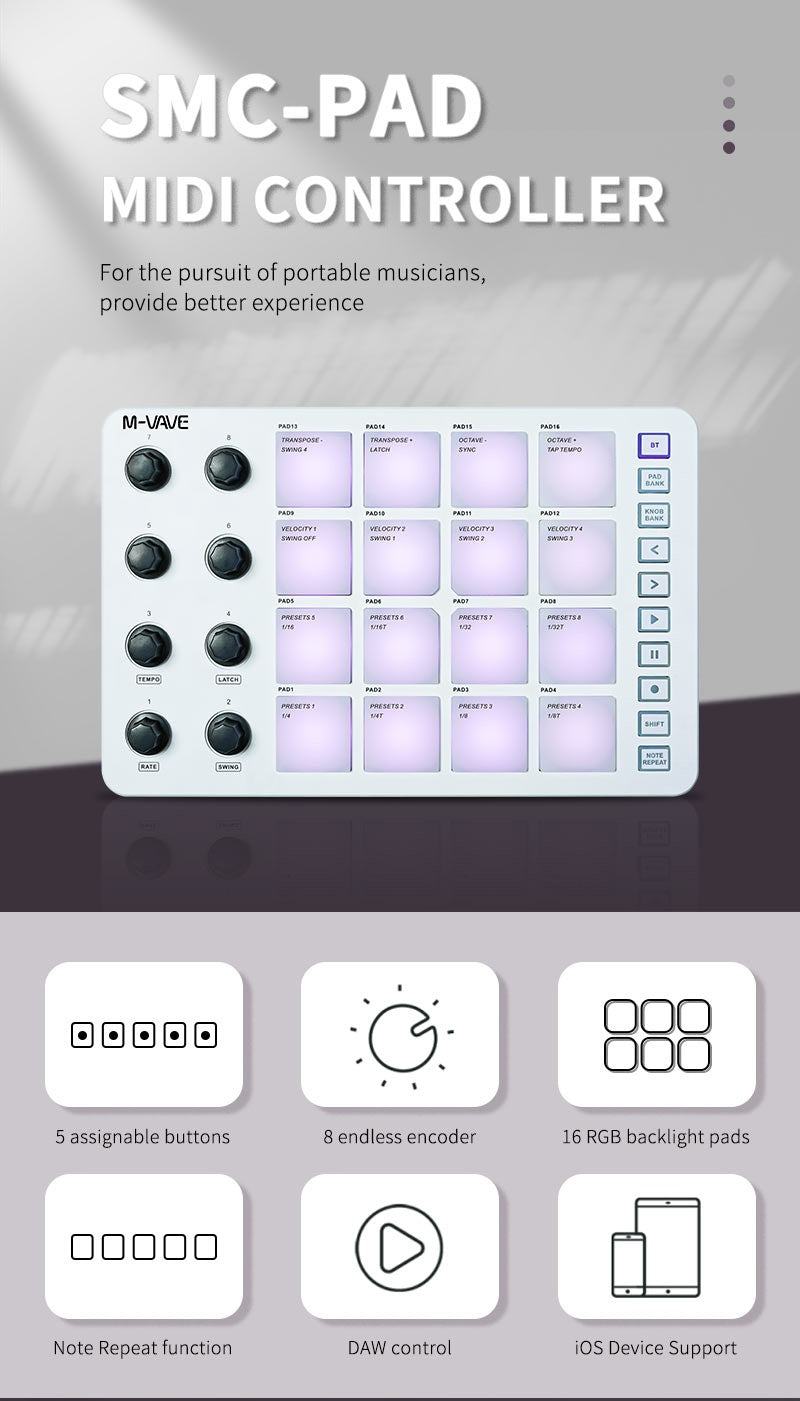 Professional-Grade Wireless Wireless MIDI Controller And Multi-Effects Processor M-VAVE Portable MIDI Pad Controller with 16 Drum Pads And 8 Knobs, Usb-Powered And Rechargeable, Programmable Keyboard for Music Creation SMC-PAD