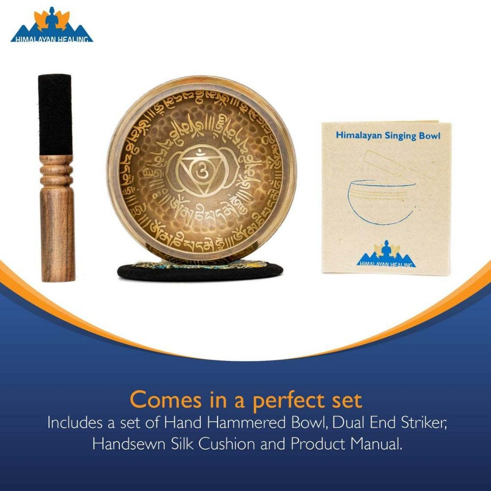 Tibetan Singing Bowl Set, 4-Inch Mantra and Third Eye Design with Mallet