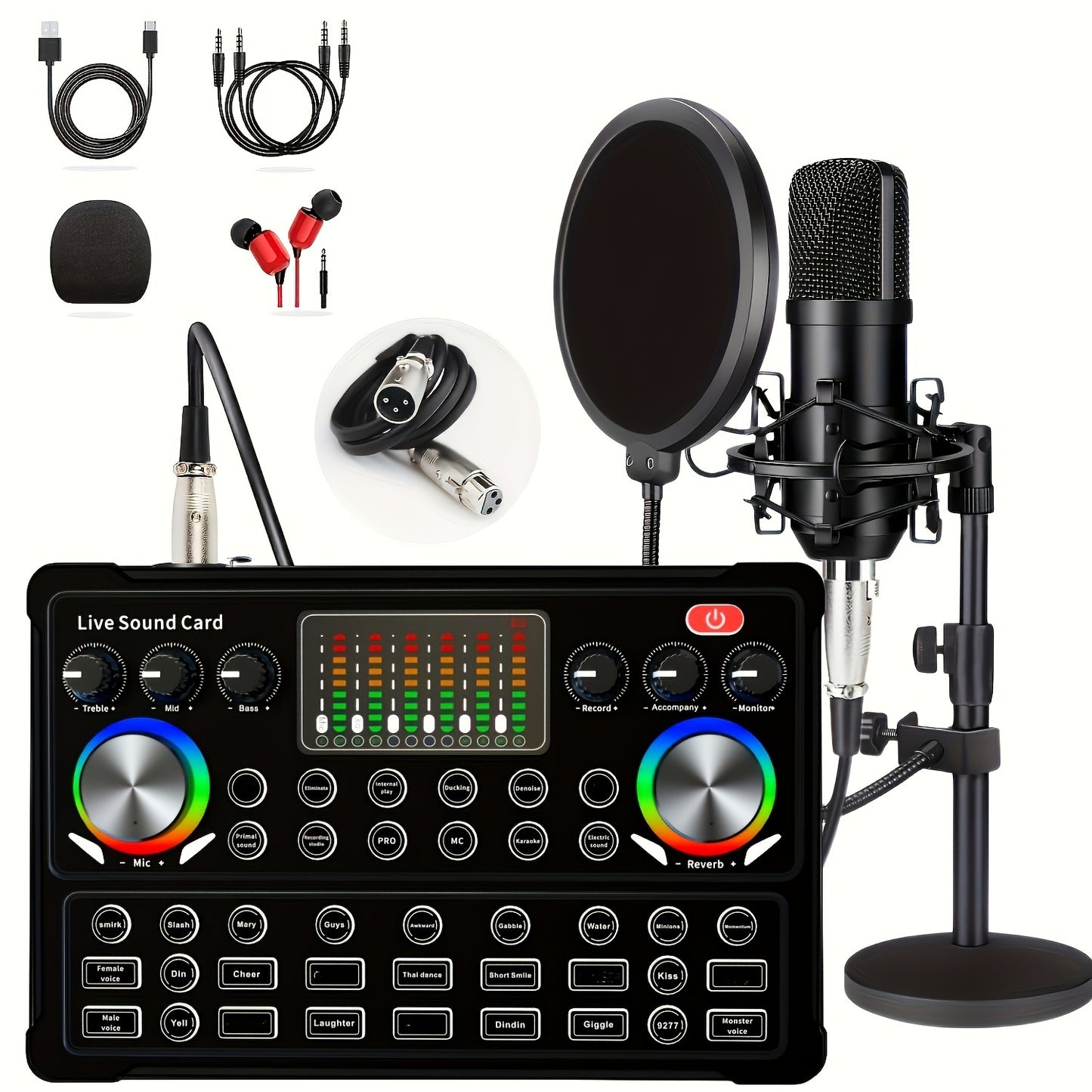 Podcast Equipment Bundle, Wired Microphone, with BM800 Podcast Microphone And V8 Sound Card, Voice Changer - Audio Interface - Perfect for Recording, Singing, Streaming And Gaming