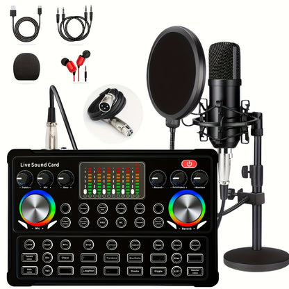 Podcast Equipment Bundle, Wired Microphone, with BM800 Podcast Microphone And V8 Sound Card, Voice Changer - Audio Interface - Perfect for Recording, Singing, Streaming And Gaming