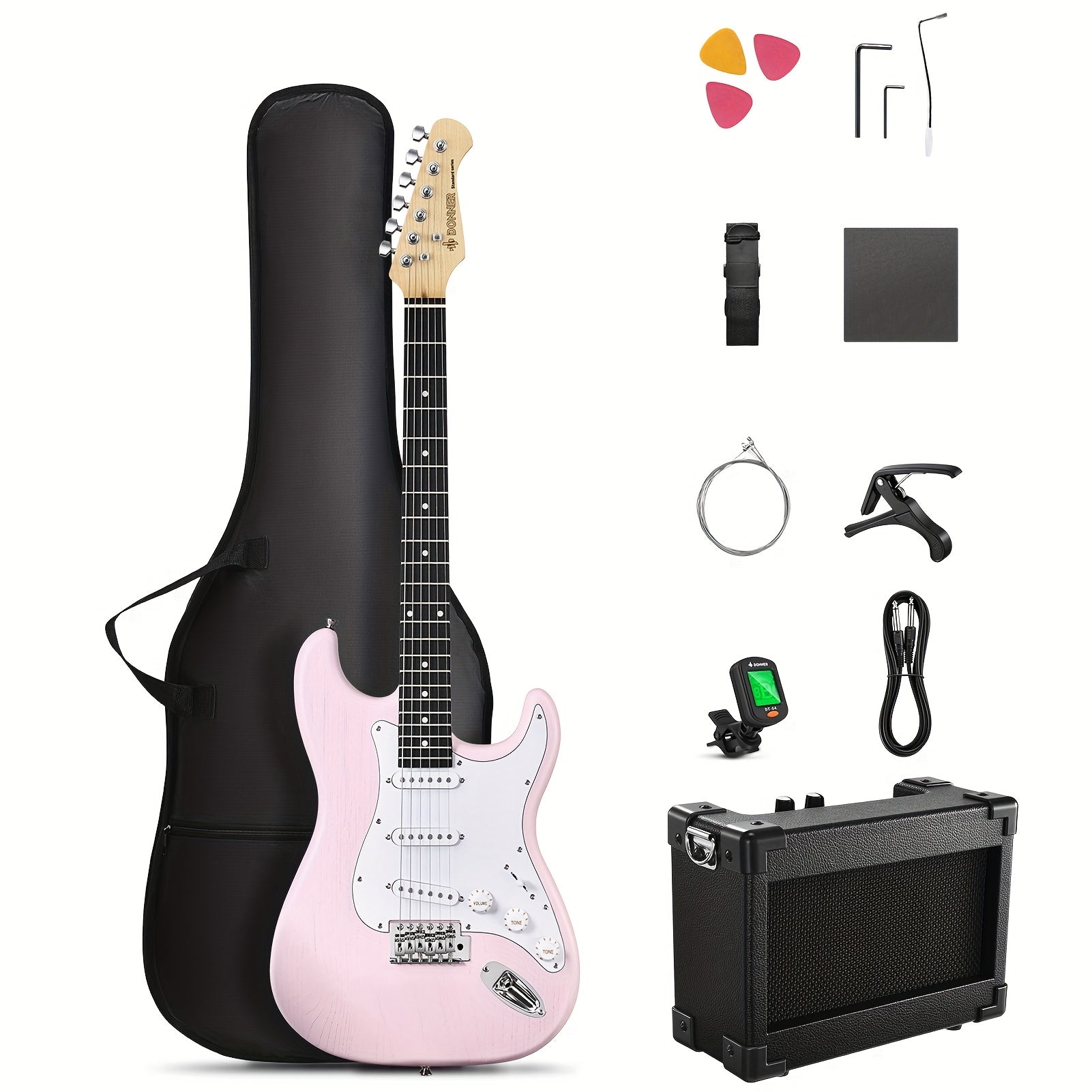 DST-80 Full Size Electric Guitar Kit with SSS Pickups and Amplifier shown in the pink option