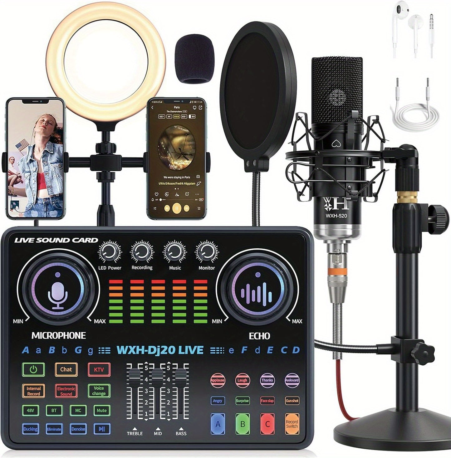 Podcast Equipment Bundle, WXH520 Podcast Microphone With Voice Changer, Dj20 Sound Card With Audio Interface, Adjustable Stand Suitable For Podcasting, PC, Smart Phone, Singing, Gaming