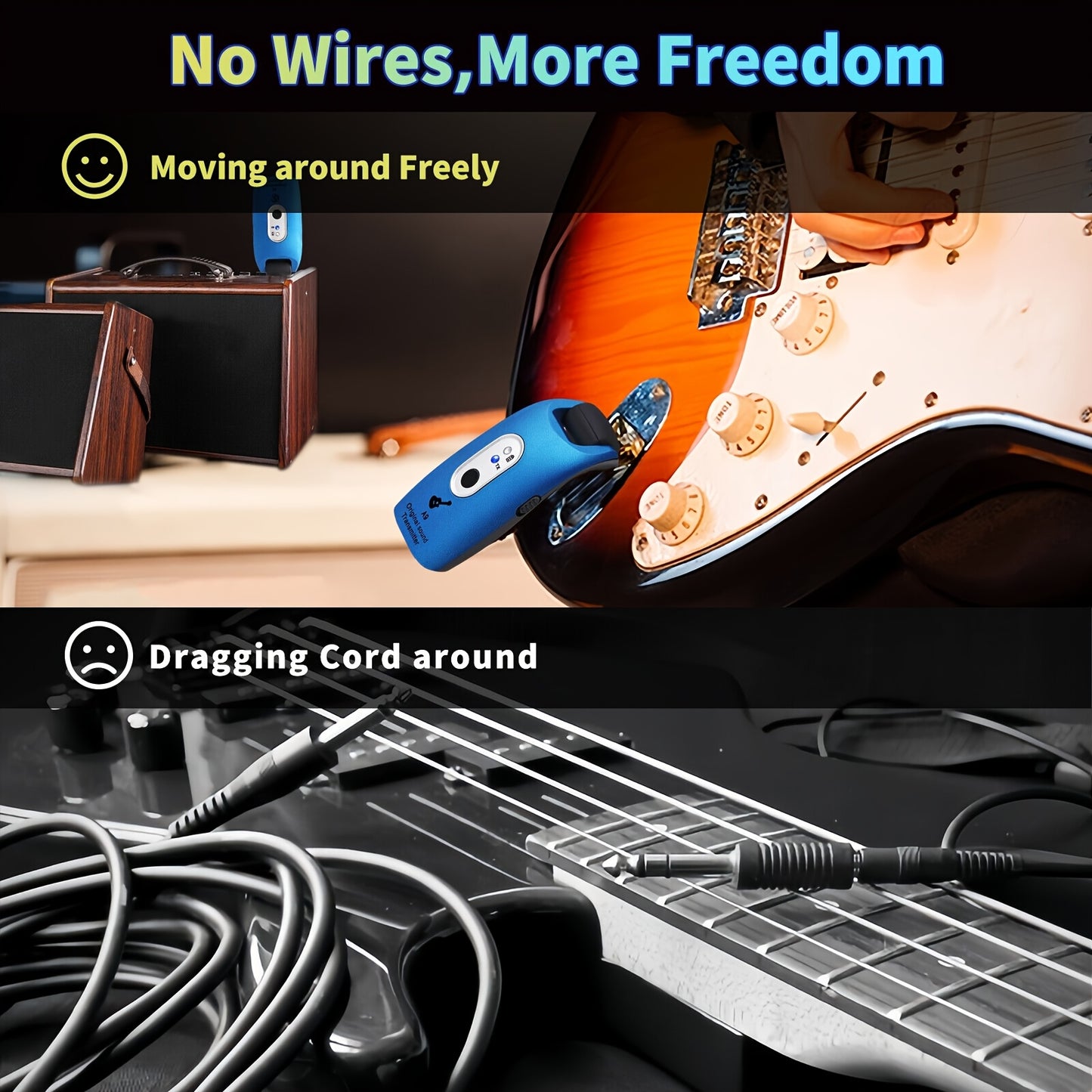 Wireless Guitar System 2.4GHz Built-in Rechargeable Lithium Battery 270°Rotatable Audio Wireless Transmitter Receiver for Acoustic Guitar Bass Violin Keyboard Electric Instruments, A9